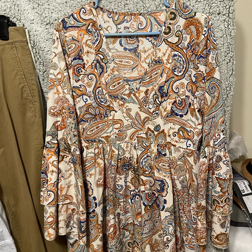 Paisley Print Dress with Bell Sleeves